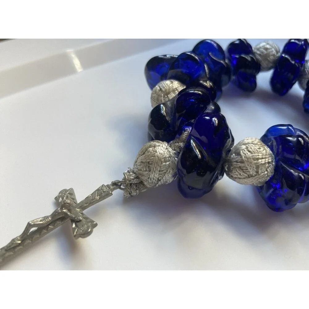 Vintage Italian Blue Murano Glass Rosary Beads Silver Tone Crucifix Handmade
